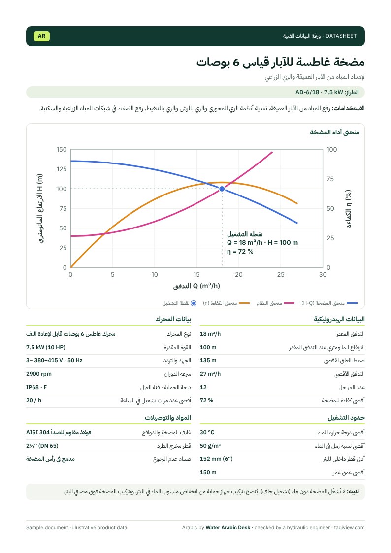 First page of our sample Arabic pump datasheet
